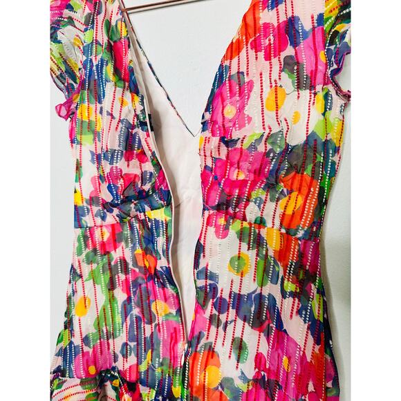 SALONI Pink Printed Silk Flutter Sleeves V-Neckline Ruffled Skirt Catia Dress 4 - Picture 9 of 15